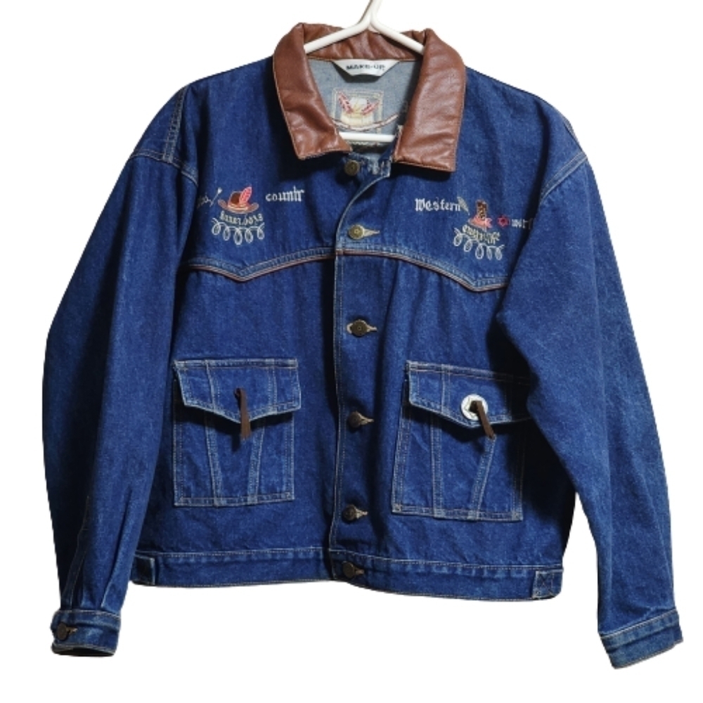 Vintage 90s Makeup embroidered trunker denim  jacket with leather collar